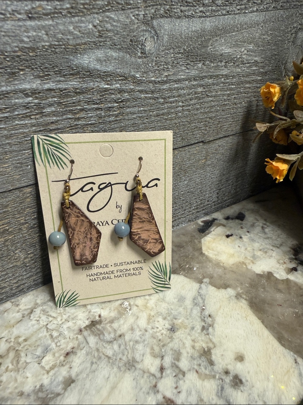 Tag Brown Teardrop Earrings with Blue Bead Accent